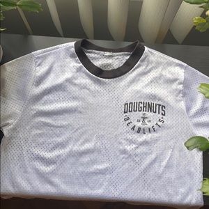 Doughnuts and Deadlifts mesh white crop top